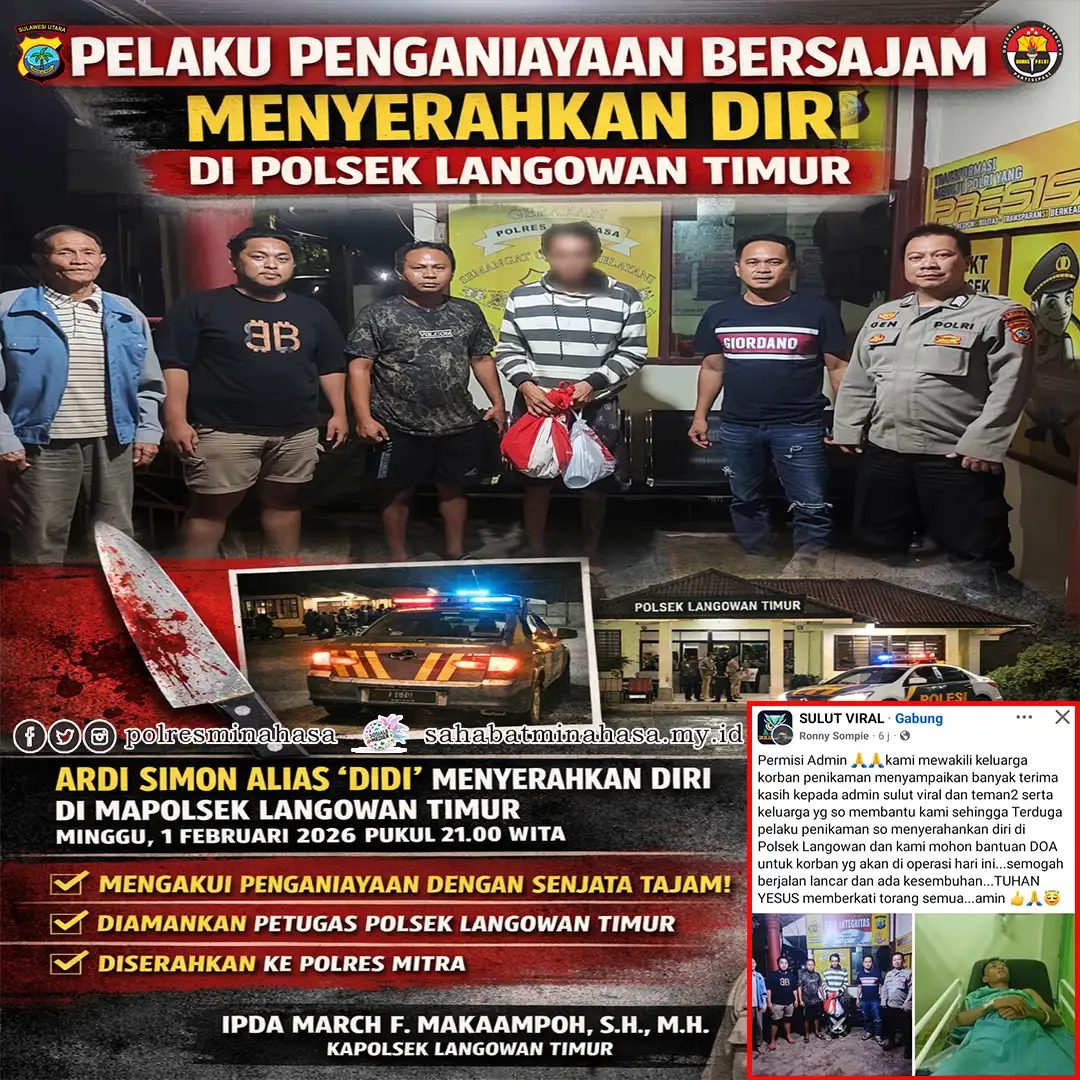 Pelaku Penganiayaan Bersajam Menyerahkan Diri di Polsek Langowan Timur
